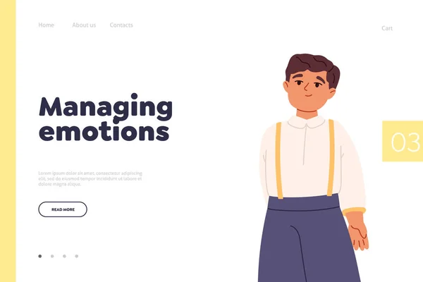 Managing emotions concept of landing page with cute happy boy standing calm and joyful with positive feelings excited facial expression. Small child with smiling face. Cartoon flat vector illustration