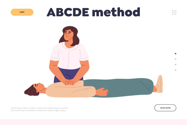 采用Abcde方法概念的登陆页与妇女做的间接心脏按摩为呼吸不灵的男人 心肺复苏和急救课程的培训 卡通平面矢量图解 — 图库矢量图片