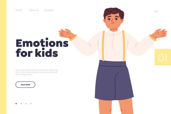 Emotions for kids concept of landing page with small boy confused shrugging shoulders. Little kid surprised hold raised hands scared and uncertain. Cartoon flat vector illustration