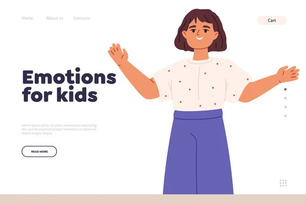 Emotions for kids concept of landing page with small girl happy smiling, holding hands for hugs. Little kid excited with positive emotions on face and cheerful smile. Cartoon flat vector illustration