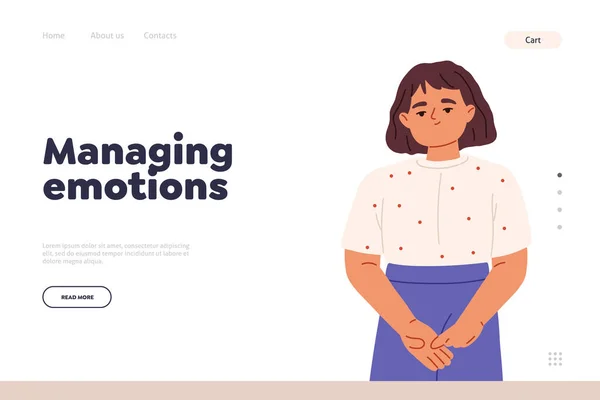 Managing emotions concept of landing page with shy little girl looking thoughtful and upset. Cute small kid nervous embarrassed and scared. Cartoon flat vector illustration