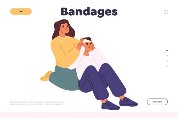 Bandages Concept Landing Page Woman Bandaging Man Head Brain Injury — Vettoriale Stock