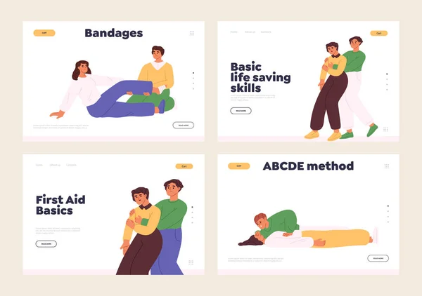 First Aid Basic Skills Saving Life Concept Landing Pages Set — Stockvektor