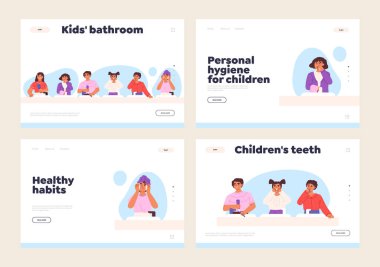 Personal hygiene for children concept of landing pages set with kids brushing teeth, washing face and combing hair in bathroom h Cute child doing morning routine. Cartoon flat vector illustration