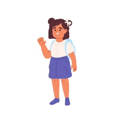 Cute girl go to school in morning holding rucksack and waving hands to parents. Happy schoolgirl with backpack. Morning routine for children concept. Cartoon flat vector illustration