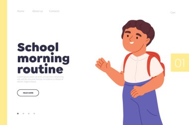 Cute boy go to school in morning holding rucksack and waving hands to parents. Happy schoolboy with backpack. Morning routine for children concept. Cartoon flat vector illustration
