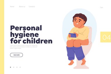 Kid boy sitting on toilet pooping in restroom or bathroom. Small schoolboy doing hygiene procedures. Morning routine for child concept. Cartoon flat vector illustration