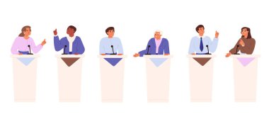 Debate process with male and female speakers standing at tribunes. Political speeches, rhetoric. Politicians speak for voters before election. Cartoon vector illustration