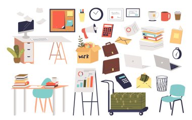 Office work elements set. Workplace desk, laptop pc, money, seat, books, paper documents and salary payment cartoon symbols isolated on white background. Business occupation. Vector illustration