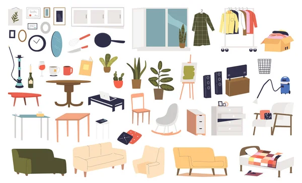 Home Interior Decor Furniture Elements Set Bedroom Living Room Design —  Vetores de Stock