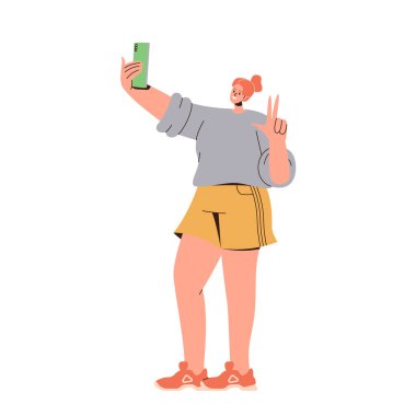 Genç bir kadın, sosyal medya ağında arkadaşlarıyla anılarını paylaşmak için gülümsüyor ve cep kamerasında özçekim fotoğrafı çekiyor. Akıllı telefon vektör illüstrasyonunu kullanan mutlu genç kadın karakter