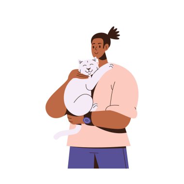 Beyaz arka planda izole edilmiş mutlu hayvan sahibi portresi. Genç bayan karakter kedi vektör çizimi ile ilgileniyor. Kollarında sevimli tüylü kedi yavrusunu tutarken gülümseyen neşeli genç kız.