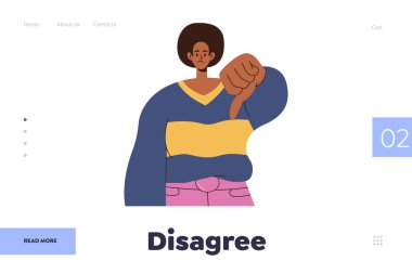 Anlaşmasız iniş sayfası tasarım şablonu. Çizgi film kadın karakteri, olumsuz geri bildirim yaparak, ırkçılık vektörü illüstrasyonuna karşı hoşnutsuzluk ya da sosyal protesto sergileyerek, başparmaklarını aşağı doğru gösteren bir davranış sergiliyor.
