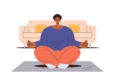 Huzurlu kadın karakter, evde vektör illüstrasyonunda lotus asana yoga eğitimi alırken mutlu ve huzurlu bir şekilde gülümsüyor. Sağlıklı yaşam tarzı ve farkındalık meditasyonu