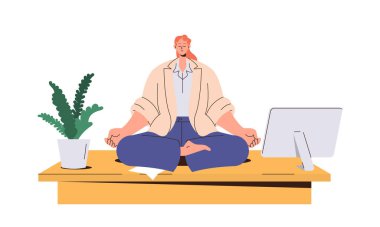 İş kadını, ofis çalışanı, Lotus pozisyonunda meditasyon yapan iş molasında yoga yapan stresli duyguları yatıştırmak için beyaz arka planda izole edilmiş masa başı vektör illüstrasyonunda oturan.