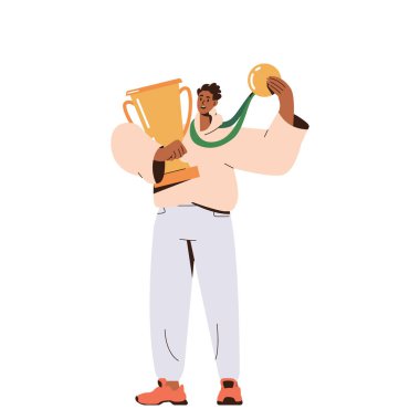 Beyaz arka planda izole edilmiş ödül kupasıyla altın madalyayı tutan mutlu genç adam. İş ödülü, spor başarısı veya serbest mali zenginlik kutlaması konsepti. Vektör illüstrasyonu