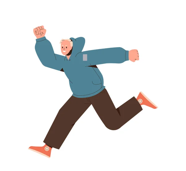 Hombre Feliz Activo Saltando Aire Saltando Chico Dibujos Animados Sintiendo — Vector de stock