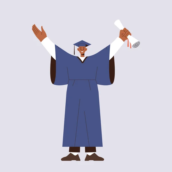 Gelukkige Lachende Afgestudeerde Student Met Gerold Papieren Diploma Opgeheven Hand — Stockvector