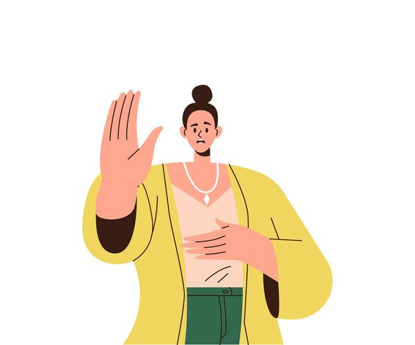 Angry shouting woman gesturing stop with hand protesting showing disagree and rejection sign vector illustration isolated on white background. Female person against gender violence and harassment