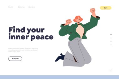 Find your inner peace landing page template. Happy woman with smile on face and positive thinking in jump choosing wellness and mind balance, healthy lifestyle and enlightenment. Vector illustration clipart