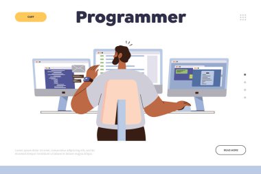 Programcı iniş sayfası. Çevrimiçi hizmeti programlamak için web sitesi tasarım şablonu. Genç yetişkin adam kodlaması, yazılımı rahat iş yeri vektör illüstrasyonunda bilgisayarlar üzerinde çalışırken