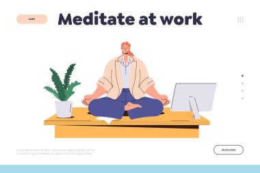 Masa başı vektör çiziminde Lotus Asana pozu verirken iş kadınlarının ofiste nefes alma pratiği yaptığı iniş sayfası için meditasyon yapın. Farkındalık ve fikir arayışı