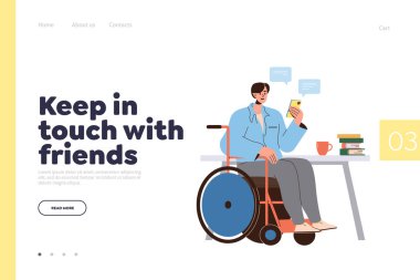 İniş sayfası şablonu için arkadaşlarınızla irtibatı koparmayın. Özel ihtiyaçları olan adam, sosyal ağ medya temsilciliğinde dijital iletişim için cep telefonunu kullanarak tekerlekli sandalyede oturuyor.