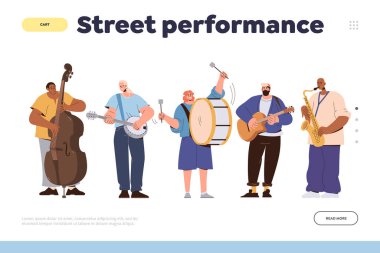 Sokak performansı iniş sayfası şablonu. Farklı müzik enstrümanları çalan karikatür müzisyeni grubu vektör illüstrasyonunu sergiliyor. Erkek kadın karakter hayat boyu müzik konseri web sitesi tasarımı veriyor