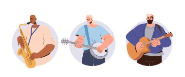 Sokak müzisyenleri gitar, banjo ve saksafon kullanarak açık hava performans çizimi yaparak yaratıcı müzik çalıyorlar. Açık hava konserinde genç saksafoncu, banliyö sanatçısı ve gitarist.