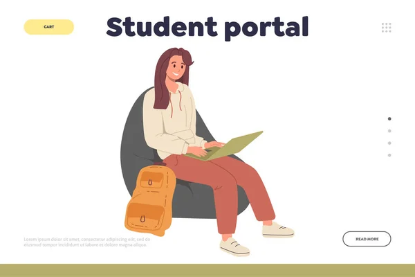 stock vector Happy young teenager student female character reading book online on laptop preparing for exam vector illustration. Landing page for student portal, book library online, electronic literature archive