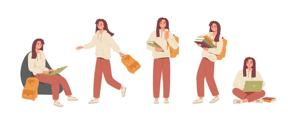 Set Von Modernen Jungen Teenager Studentin Weiblichen Charakter Mit Taschen — Stockvektor