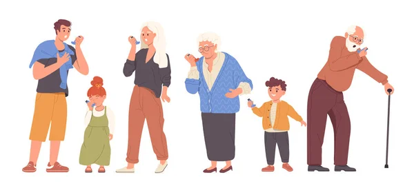 Eine Reihe Von Zeichentrickfiguren Unterschiedlichen Alters Die Symptomen Der Asthma — Stockvektor