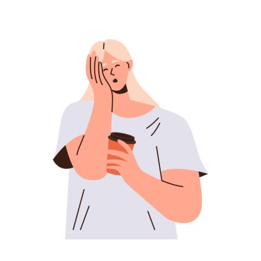 Yorgun kadın karakter fincan vektör illüstrasyonundan kahve içiyor. Beyaz arka planda izole edilmiş bardakta aromalı içki içen uykulu kadın. Uyku eksikliği ve kafein bağımlılığı konsepti