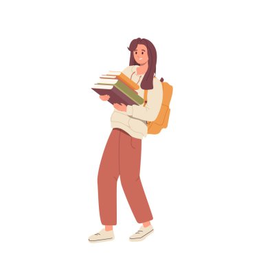 Aşırı yüklenmiş inek öğrenci kız karakter elinde kitap yığını ve kitaplarla üniversite kütüphanesinden beyaz arka planda izole edilmiş vektör çizimleriyle yürüyordu. Eğitim kavramı