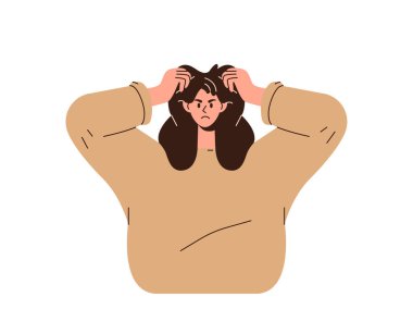 Stresli, sinirli, genç bir kadın karakter. Öfkeli bir yüz ifadesi var. Duyguları saçlarını yoluyor, zihinsel bozukluk ve depresyon vektörü çizimlerinden muzdarip. Gergin kız portresi