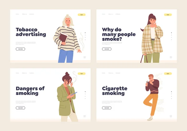 Ensemble Page Accueil Avec Personnage Jeunes Fumeurs Publicité Information Tabac — Image vectorielle