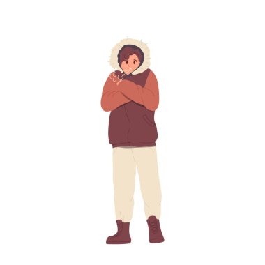 Donmuş genç erkek, kalın kışlık giysiler giyip açık hava soğuk havasından sallanıyor. Hipster erkek karakteri hipotermiden rahatsız.