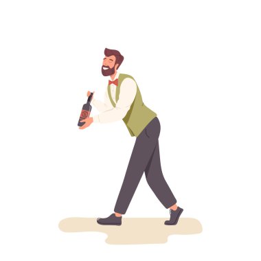 Gülümseyen garson karakter elinde cam bir şişe eski şarap tutarak beyaza izole edilmiş en iyi şaraphaneyi sunuyor. Seçkin, lüks, alkollü, el yapımı illüstrasyonlu çizgi film barmeni.