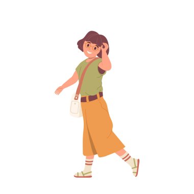 Beyaz arka planda izole bir şekilde fotoğraf çekmek için poz veren günlük kıyafet giyen sevimli moda kızı. Çizgi film karakteri kız öğrenci öğrenci vektör çizimi