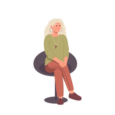 Sandalyede oturan genç bir kadın karakter iş görüşmesi yapıyor, terapi seansı yapıyor ya da arkadaşlarıyla tanışıyor. Çizgi film işkadını eğitim dersinde, bayan öğrenci dinleyen öğretmen.