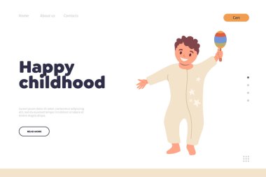 Mutlu çocukluk iniş sayfası tasarımı şablonu. Düz çizgi film. Küçük şirin bebek dans ediyor. Oyun vektörü çizimi oynuyor. Çocuk gelişimi için ipuçları içeren çevrimiçi eğlence servisi web sitesi