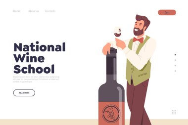 Ulusal şarap okulu iniş sayfası. Sommelier online eğitim kursu web sitesi. Profesyonel erkek şarap uzmanı alkollü içecekleri tiksindiriyor. Şarap kadehinin yanında duruyor.