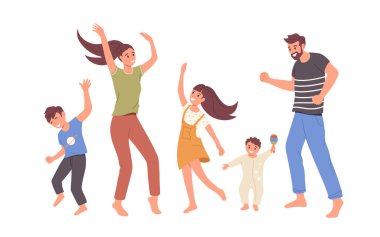 Çocuklarla dans eden mutlu bir aile, neşeli ebeveynler ve çocuklar birlikte iyi vakit geçiriyorlar, aşırı mutlu erkek ve kadın çift, beyaz arka planda izole edilmiş küçük vektör çizimleriyle rahatlıyorlar.