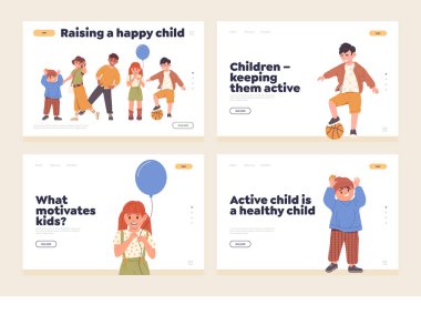 Çevrimiçi hizmet öğretmenliği ve mutlu zeki çocukların fiziksel gelişimi için aktif çocuklarla iniş sayfası. Çocuk bakımı, eğitim ve eğlence eğlencesi düz çizgi film vektör çizimi