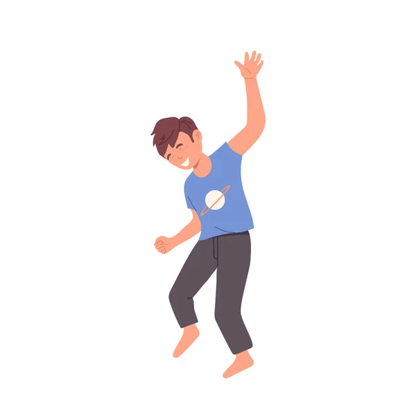 Bonito Positivo Descalço Menino Criança Personagem Energia Dançando Divertindo Isolado — Vetor de Stock