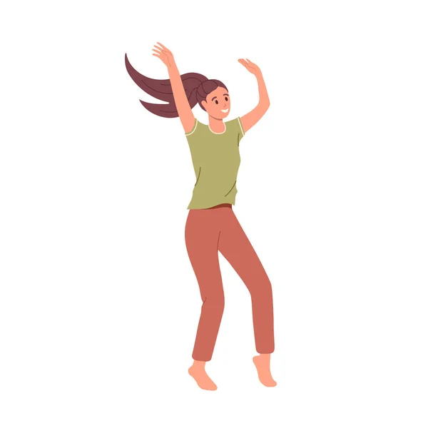 Счастливая Босиком Женщина Молодой Персонаж Танцует Поднятыми Руками Свободной Динамической — стоковый вектор