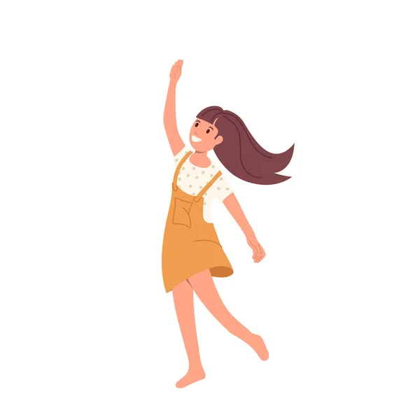 Bonito Menina Descalça Personagem Criança Gosta Dançar Expressivamente Sorrindo Feliz — Vetor de Stock