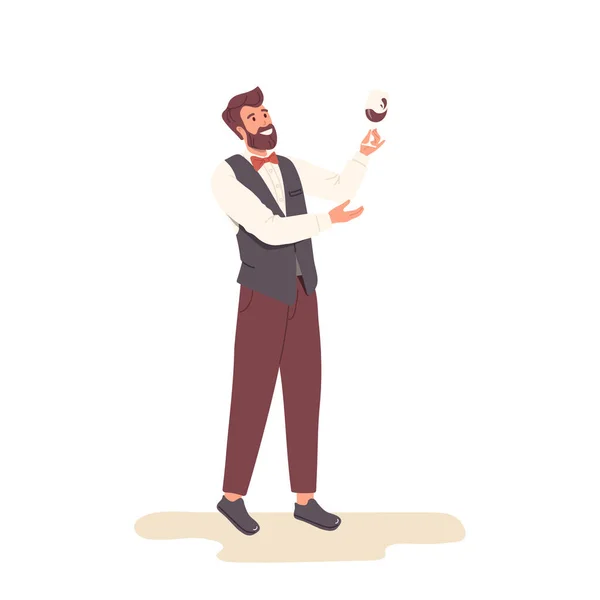 在变形金刚酒会上 在玻璃品酒工艺传统红葡萄酒精饮料中专家角色摇酒的形象在变形金刚酒会上得到了体现 酿酒厂生产 展示和推广概念 — 图库矢量图片