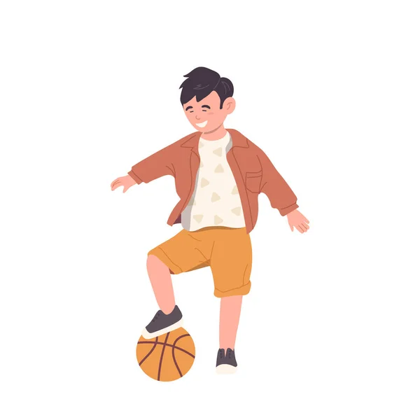 Щасливий Усміхнений Маленький Хлопчик Дитячий Персонаж Тримає Ногу Баскетбольному Ячі — стоковий вектор
