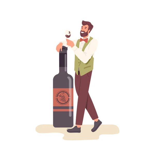 Tevreden Sommelier Karakter Proeverij Wijn Glas Evalueren Drank Kwaliteit Smaak — Stockvector